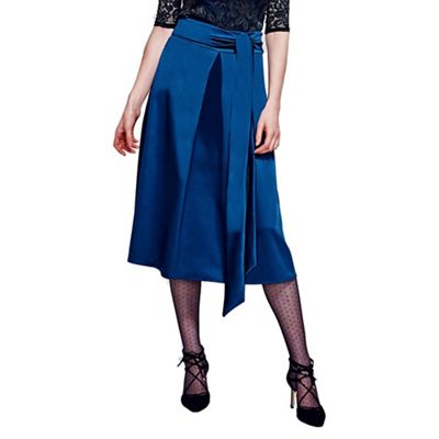HotSquash Teal Satin Midi Skirt with Adjustable Tie In Clever Fabric
